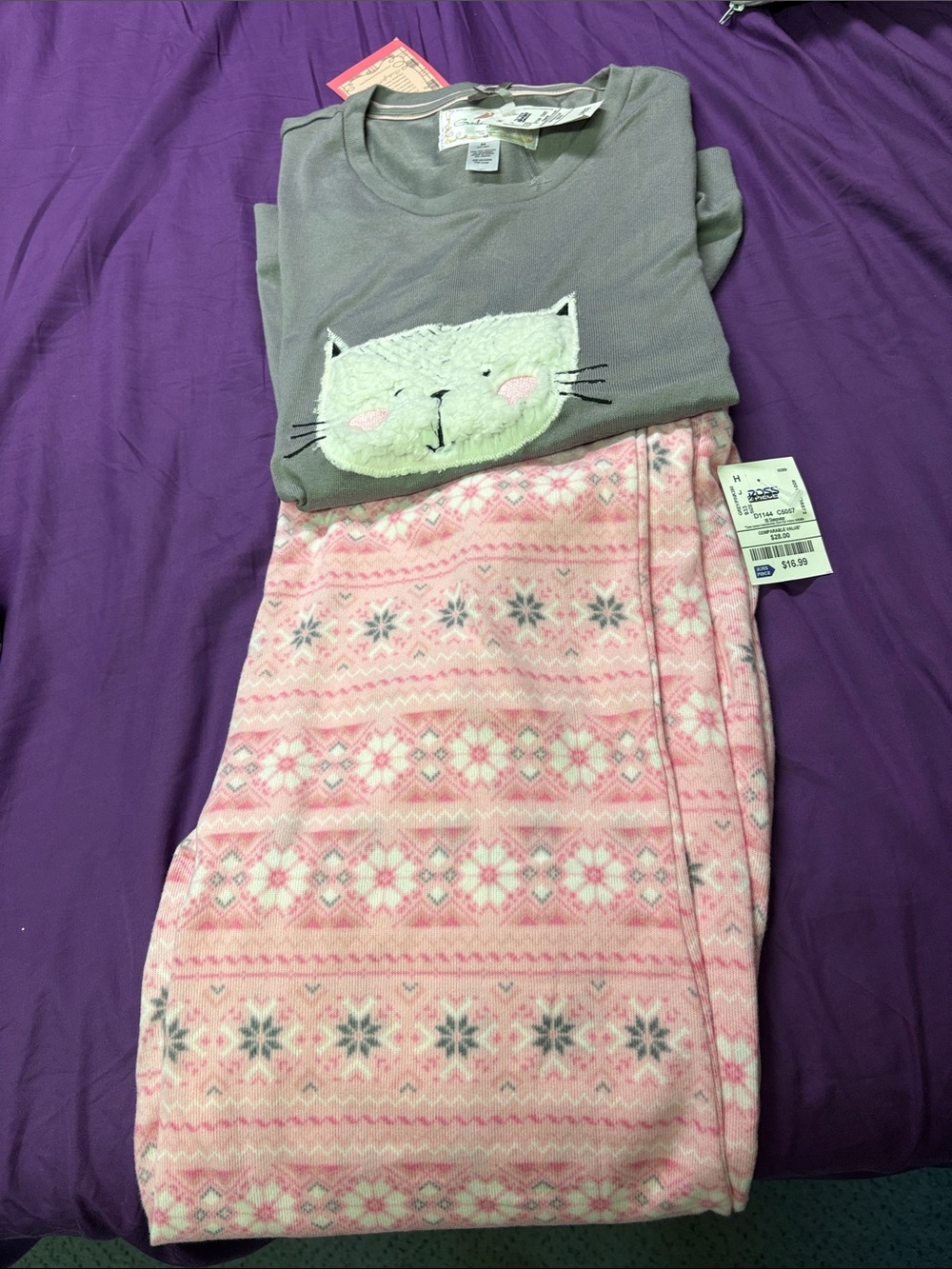 Girls Plush Cat Fleece Pajama Set - Gray Top & Pink Fair Isle Pants